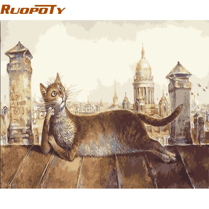 RUOPOTY, рисунок с котом DIY Набор для рисования по номерам Акриловая Раскраска по номерам, современные настенные картины для домашнего декора 40x50 см