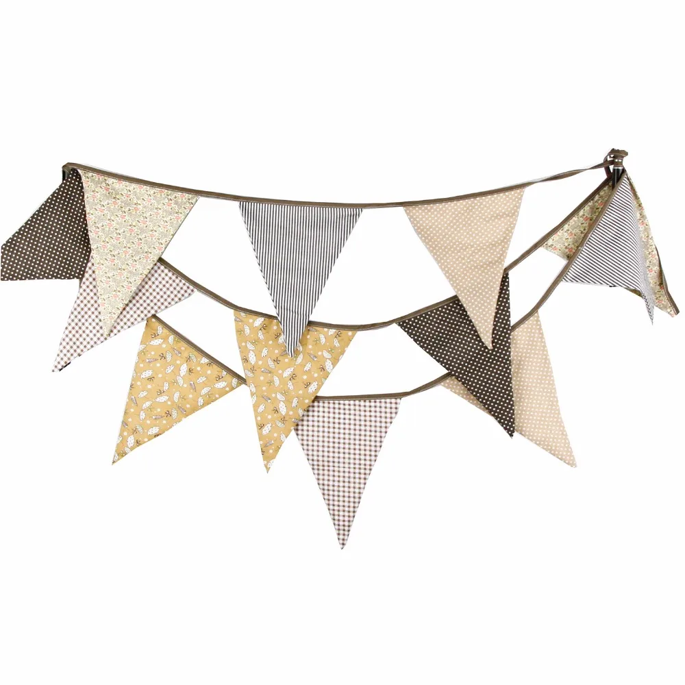 

3.2m Cotton Brown Stripe Party Bunting Beautiful Garland Pattern Banner Flag Birthday Red Little Flowers Wedding Day Party Decor