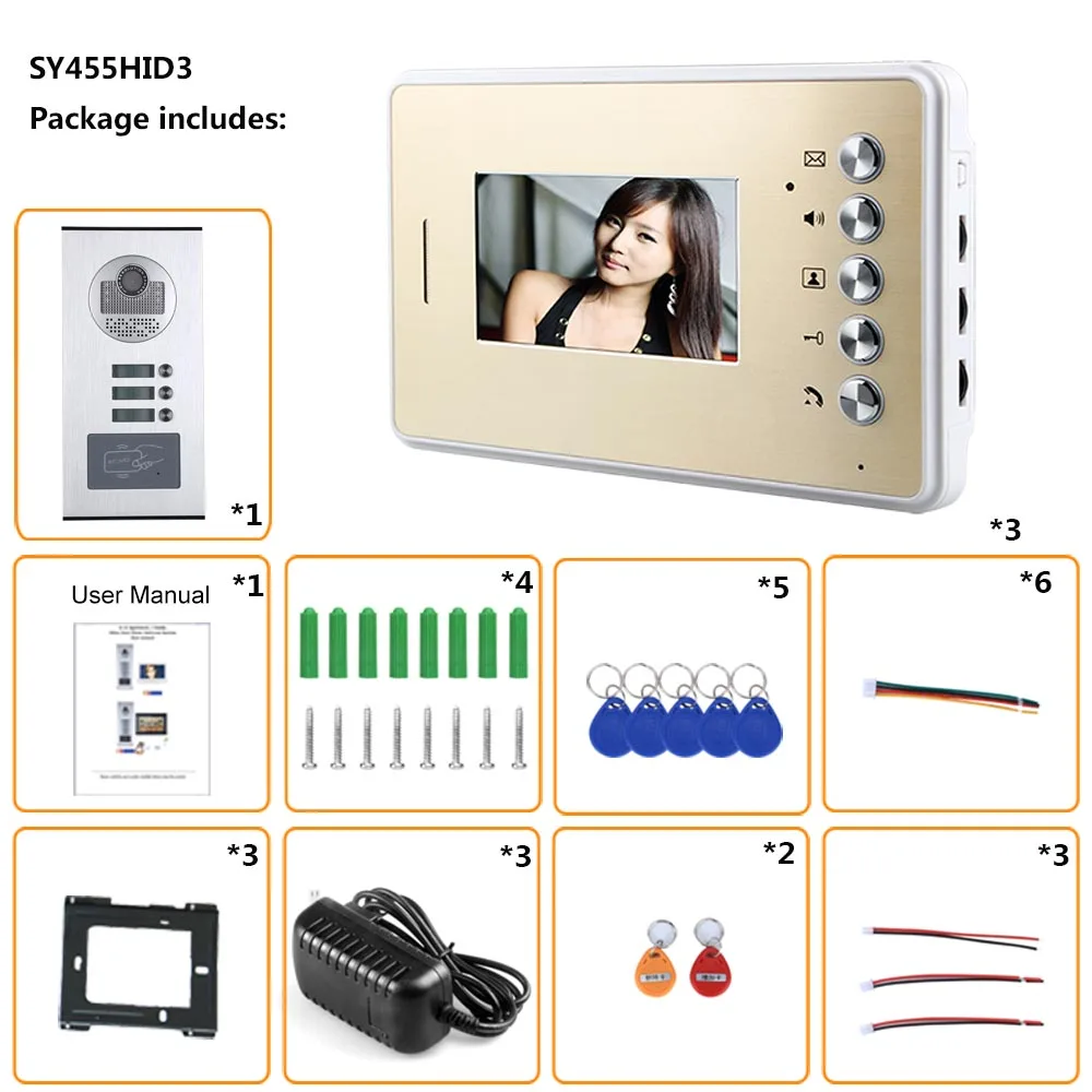 4,3 дюймов 3 квартиры/семья видео домофон системы RFID IR-CUT HD 1000TVL камера дверной Звонок камера с 3 кнопками