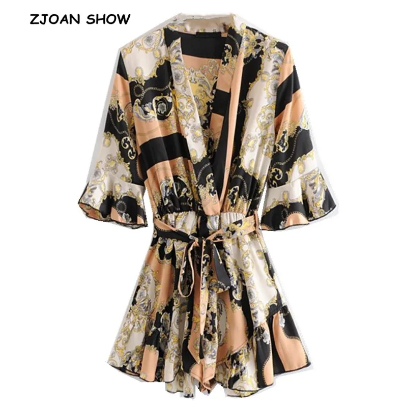 

2019 Retro Cross V neck Totem Floral Print Short Playsuits Bow tied Sashes Women Spliced Ruffle Short Jumpsuits Rompers Overalls