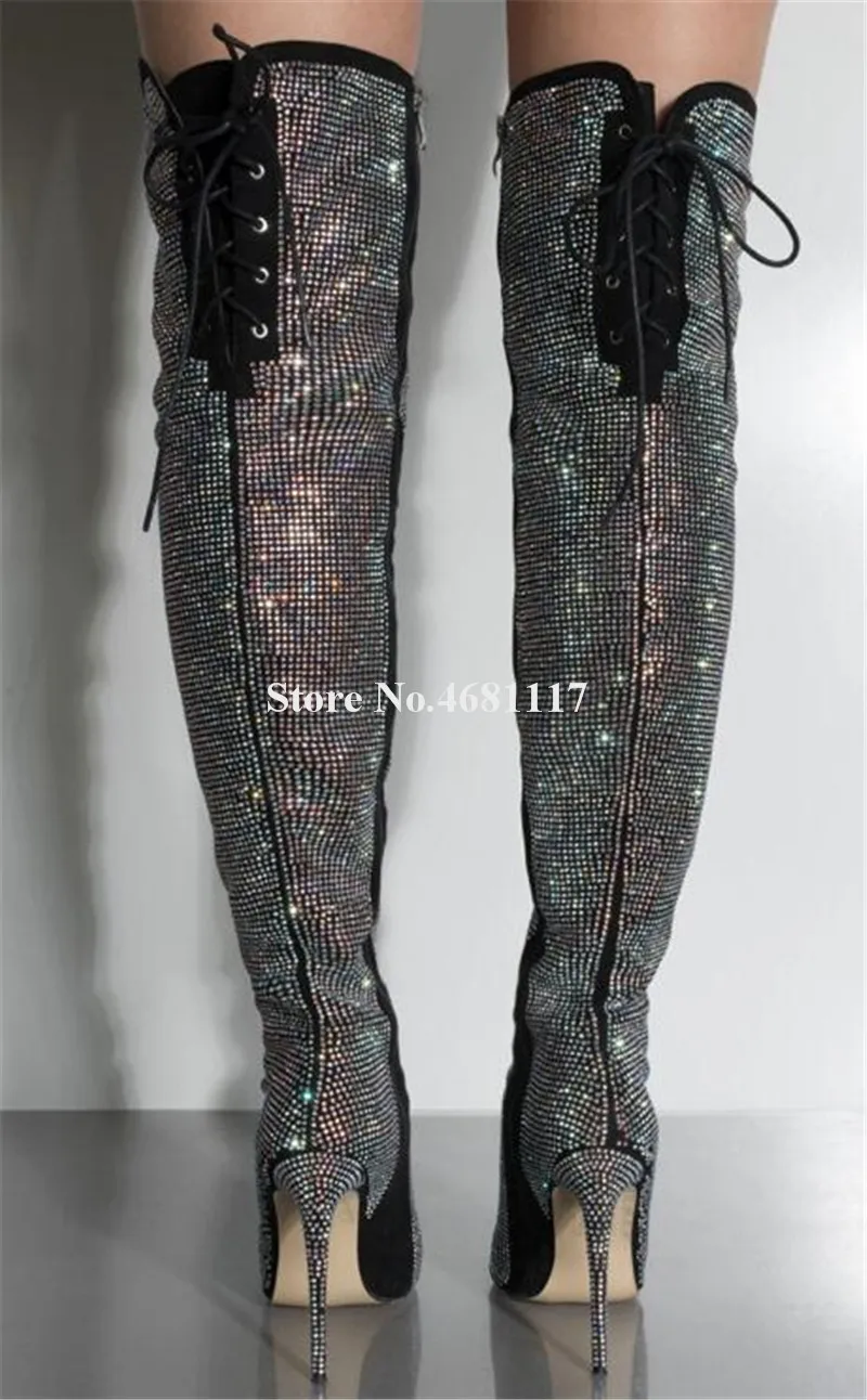 Las Alto Diamantes Largo Bling Encaje Negro Cristal Moda Sobre La Punta De Tacón Botas Rodilla Imitación Mujeres qRanxrwq1
