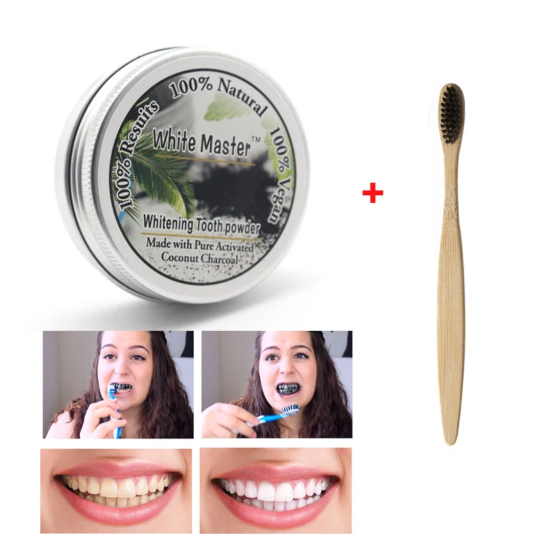 brush and powder 18 г натуральный чистый кокосовый отбеливание зубов органический порошок активированный древесный уголь для отбеливаяни зубов бамбуковая гигиена полости рта уход за зубами - Цвет: brush and powder