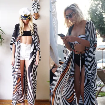 

Swimsuit Beach Women Dress Capes Dresses Robe Summer Chiffon Printed Striped Black White Skirt Woman Polyester Print Beach Tunic
