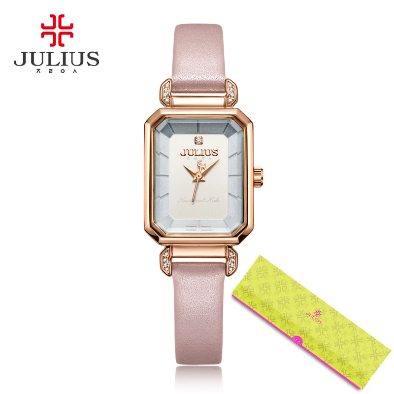 Julius, розовые часы для женщин, кожаный ремешок, прямоугольные, Relojes Mujer, стразы,, зима, Новое поступление, Relogio Hour JA-951 - Цвет: Розовый