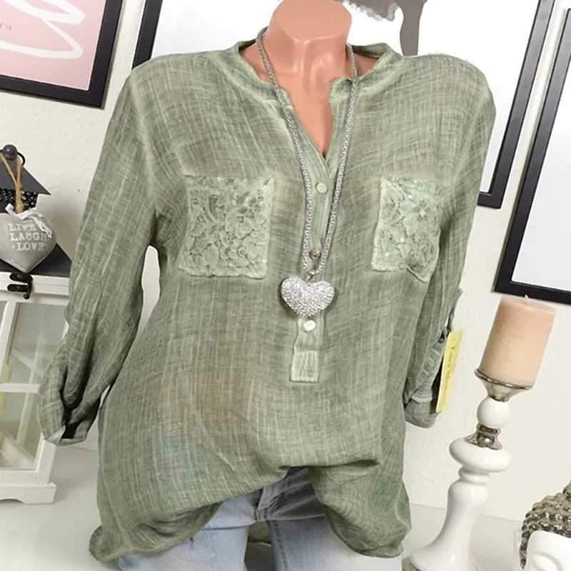 4 Colors Vintage Soild Color Long Sleeve Linen Casual Blouses Summer Solid Pocket Lace Plus Size Shirts Blouses
