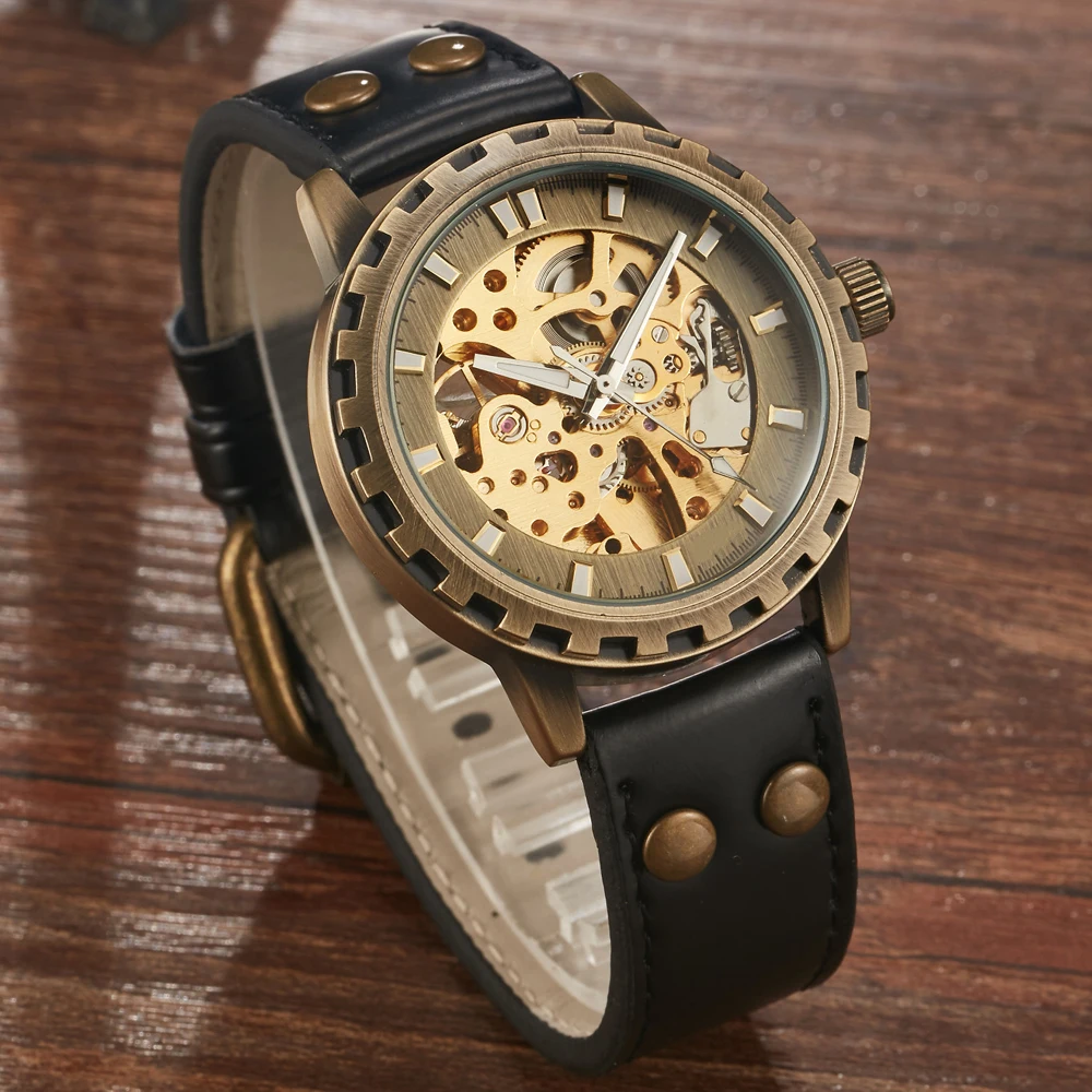 

Vintage Fashion Automatic Mechanical Watch Men Brand Bronze Case Stainless Steel Skeleton Watch Leather Strap Watches Masculino