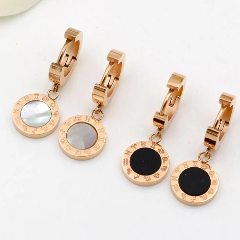 

2017 Titanium steel The zodiac Black and white shell rose gold color opening earrings for woman jewelry gift Love Pendientes