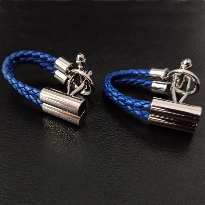 High quality blue Leather rope Cufflinks round Cuff Links Groove Men
