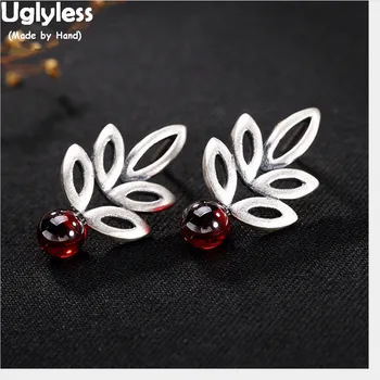 

Uglyless Real 990 Fine Silver Jewelry for Women Handmade Hollow Leaf Earrings Natural Red Chalcedony Balls Brincos Ethnic Bijoux
