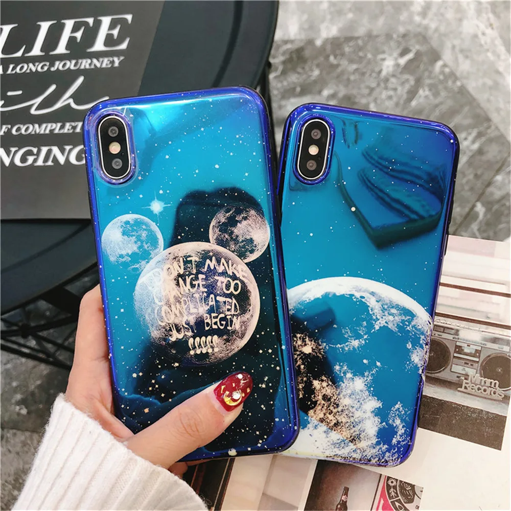 Cute Cartoon Moon Mickey Couples Phone Case For iPhone 7 Fashion Blue-ray Soft Cases Plus cover Shell Fundas |