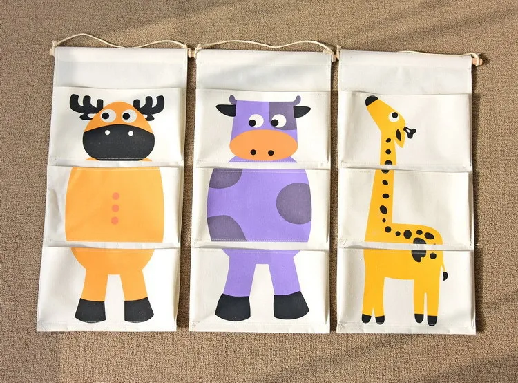 

Zakka Style Cartoon Animal Door Hanging Bag Linen Cotton Hanging Organizer Wall Pockets For Kids Room Giraffe Dinosaur Flamingo