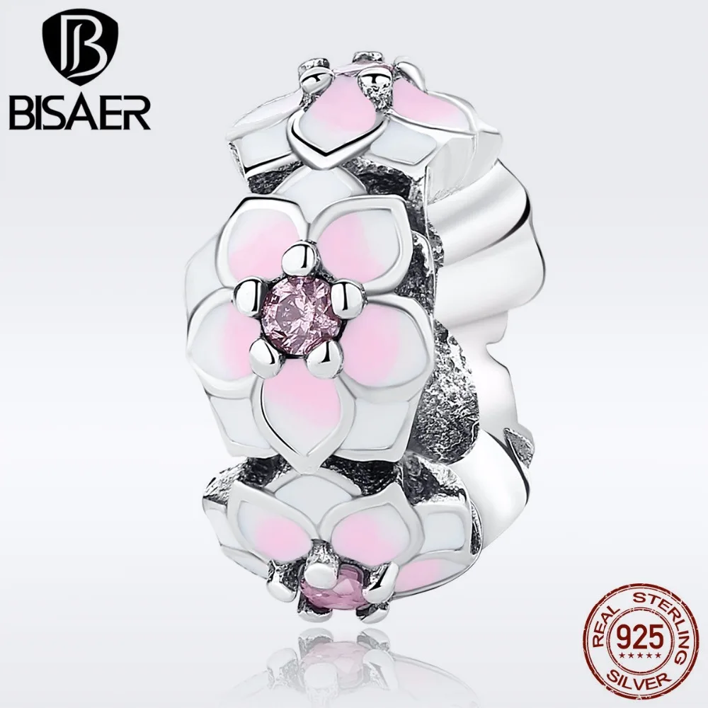 

925 Sterling Silver Magnolia Bloom Cerise Enamel Pink Flower Charms Beads Fit for BISAER Bracelets DIY Jewelry Making Spacer