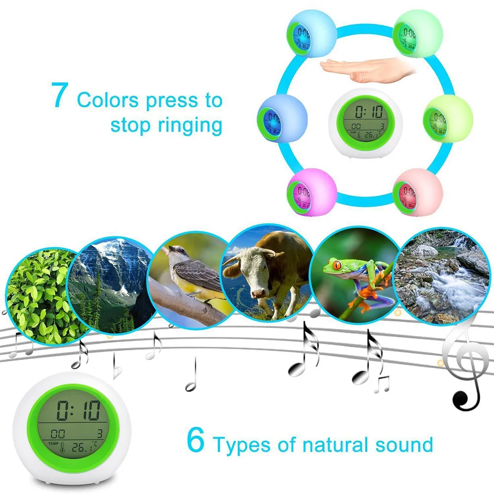 Многофункциональные детские будильники, меняющий цвет светодиодный светильник, будильник, термометр, функция повтора, цифровые настольные часы