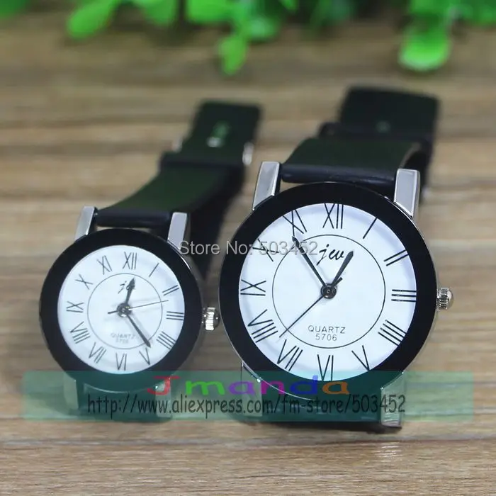 

100pcs/lot Black Color White Dial Couple Watch Sweet Lover Quartz Circle Watch Roman Style Casual Leather Watch Wholesale Price