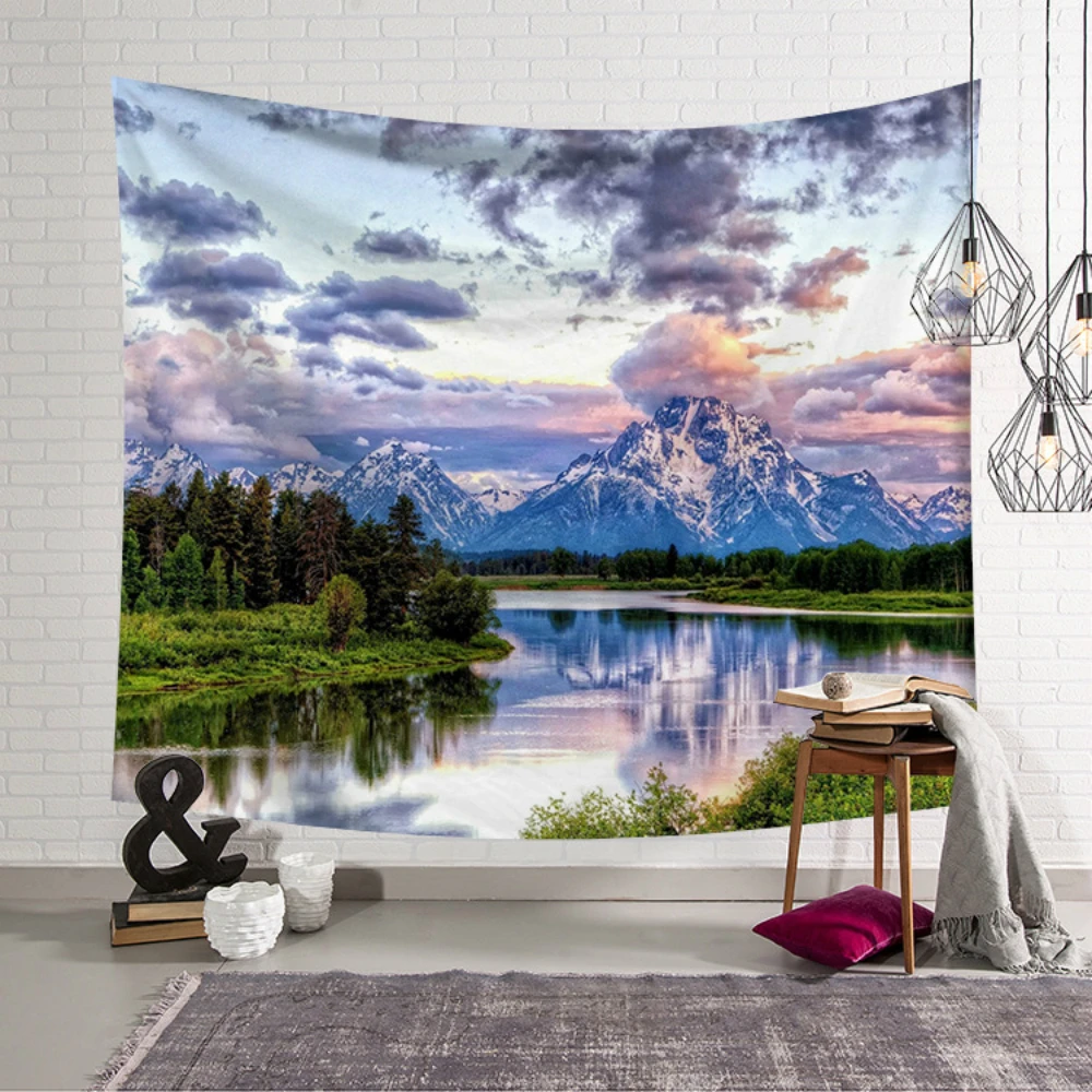 

Snow Mountain Forest wall hanging tapestry nature landscape Printed Macrame Tapestry Living Room Decor Shawl blanket Yoga Mat