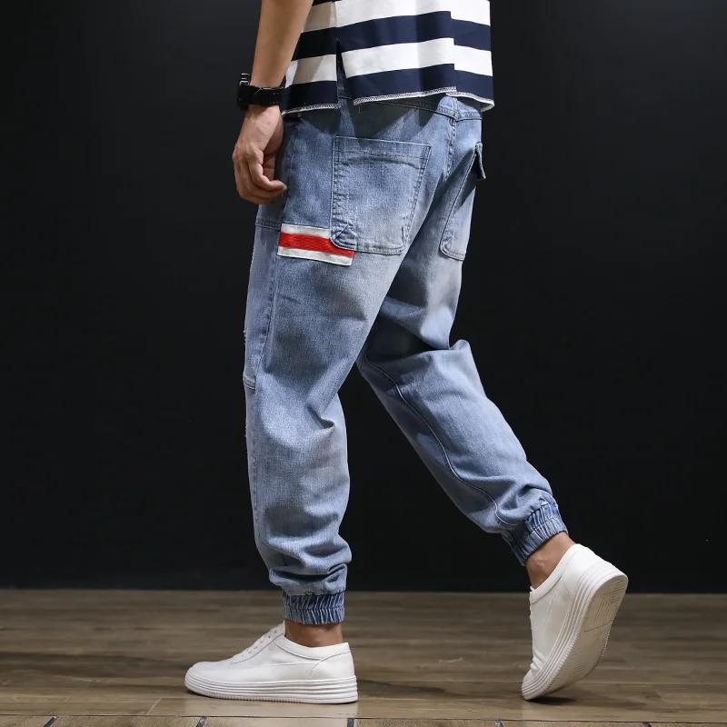 

Fashion Streetwear Men Jeans Big Size 28-42 Loose Stripe Patch Ripped Harem Jeans Men Cargo Pants Slack Bottom Hip Hop Joggers