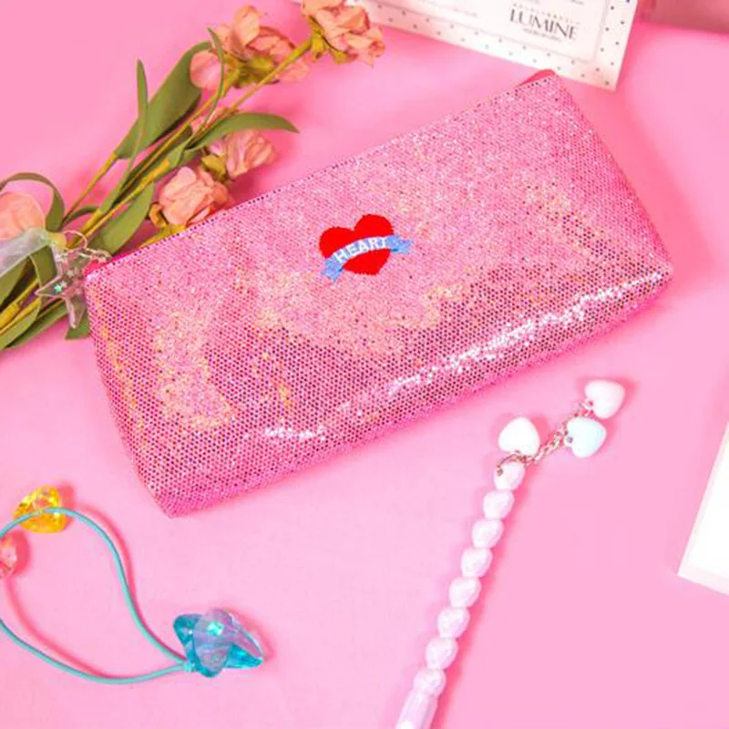 Кавайный блестящий чехол-карандаш в виде единорога, сумка-карандаш в виде ракушки Пегаса, косметичка в виде сердца для девочек-подростков, канцелярские принадлежности, школьные принадлежности - Цвет: Розовый