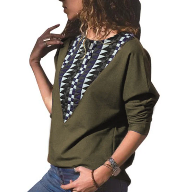 

2019 Autumn Women Long Sleeve T-Shirt Fashion Rhombus Patchwork Top Tee Cotton Casual Loose Tops Leisure Ladies Office T-Shirt