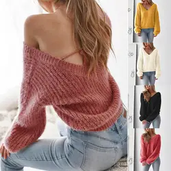 2019 Европа и Соединенные Штаты пересекающиеся Новые Зимние Горячие V спинки направляющие плечевой ремень сексуальный вязаный свитер