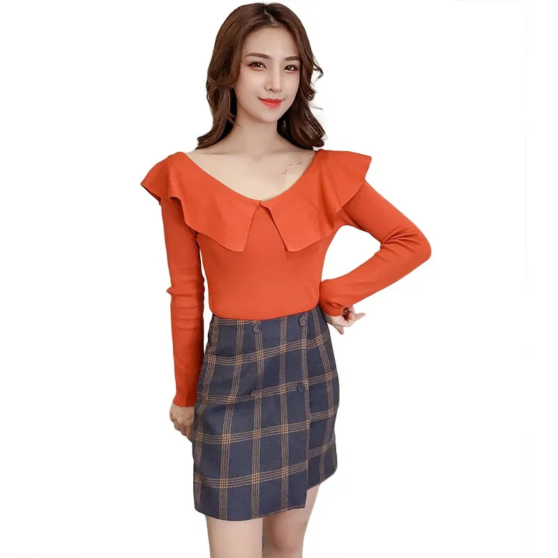 2019 Sexy Autumn Winter Womens Ruffles Collars Neck T