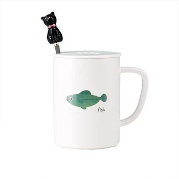

Stereoscopic cat and fish Mug with lid and spoon,Office coffee cup Creative Teacups mugs Lover Ceramic drinkware Coffee Mugs