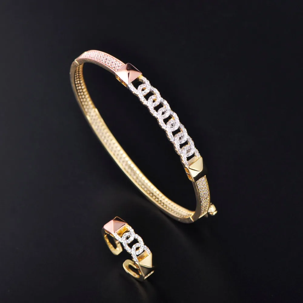 

Blucome Exquisite Geometric Circles Jewelry Set Shiny Zircon Adjustable Bangle Ring Sets For Women Banquet Anniversary Ornaments