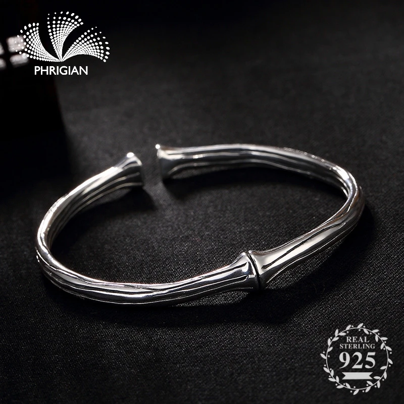 

S990 Fine Jewelry Bangle Solid sterling silver flea market open adjustable vintage retro S925 925 jeweler handmade bamboo plant