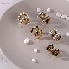 AOMU в Корейском стиле Винтаж полный с украшением из жемчужин и с украшением в виде кристаллов Стразы маленькие круглые серьги-гвоздики в виде колец для Для женщин девочек вечерние ювелирные изделия