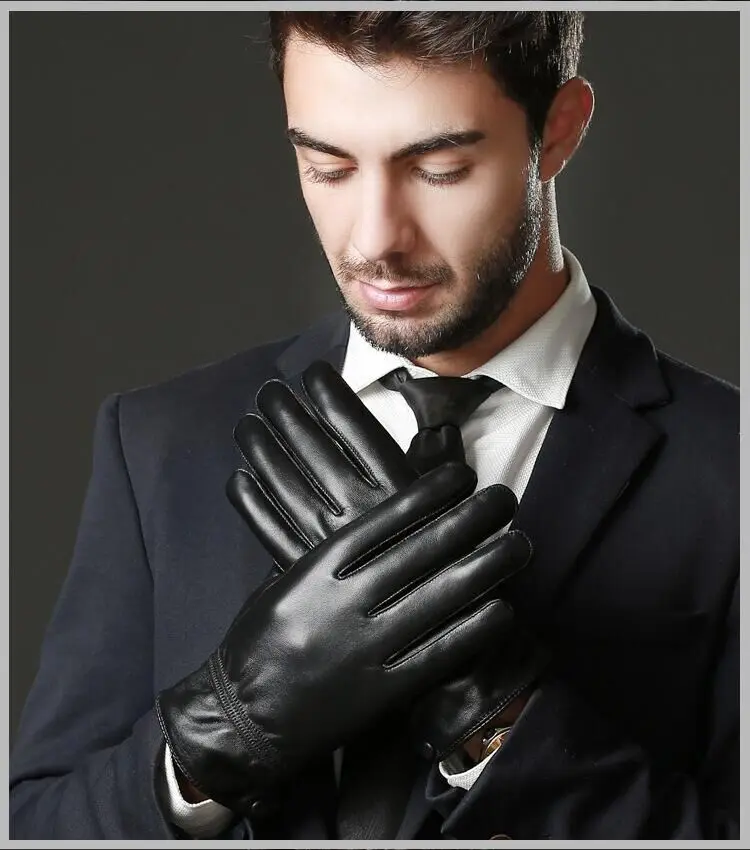 Для мужчин кожаные перчатки зимние теплые черные Классические Кожаные Перчатки Водонепроницаемый Нескользящая Овцы из натуральной кожи