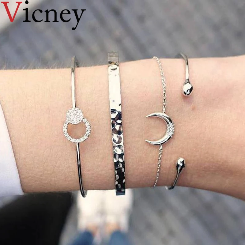 Vicney New 4 Pcs/ Set Fashion Simple Round Crystal Multilayer Adjustable Open Bracelet Party Jewelry Gift for women | Украшения и
