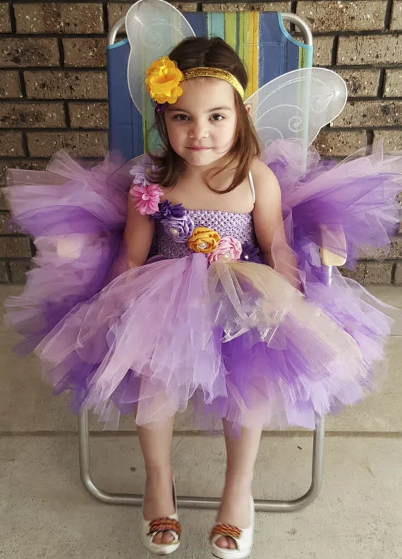 1 комплект, фиолетовое платье-пачка с цветами для девочек детское Пышное фатиновое платье с крыльями бабочки и повязкой на голову, Детский карнавальный костюм, платья