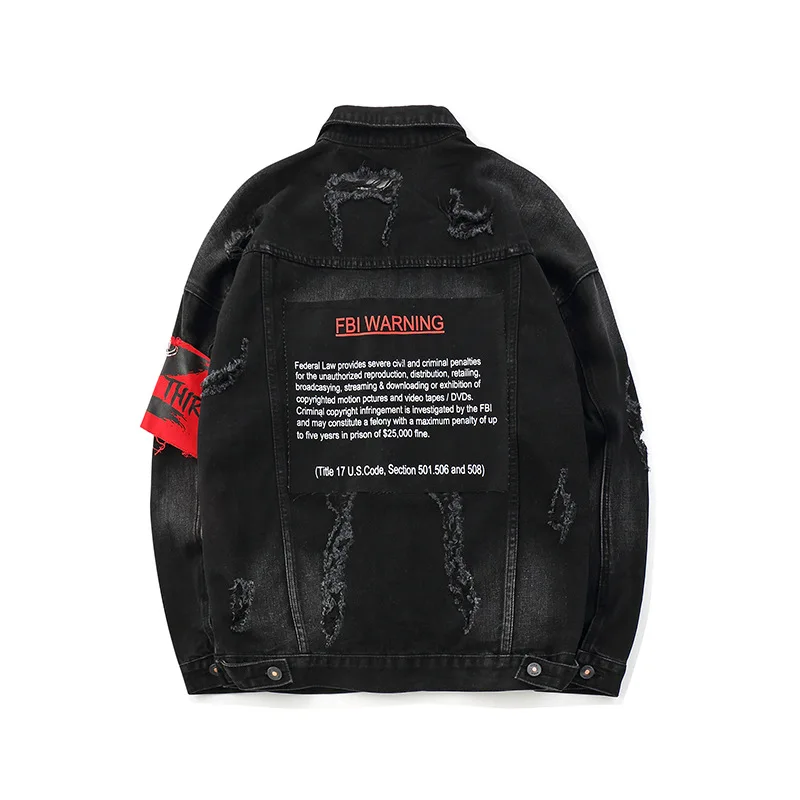 

2019 New Men's Hip Hop Armband Denim Jackets Oversized Embroidery Ripped Jeans Jackets Spring Autumn Coat for Male L274