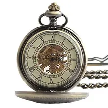 Classic Steampunk Roman Dial Mechanical Skeleton Bronze Men Women Windup Pocket Watch Full Hunter Totem Design with Chain