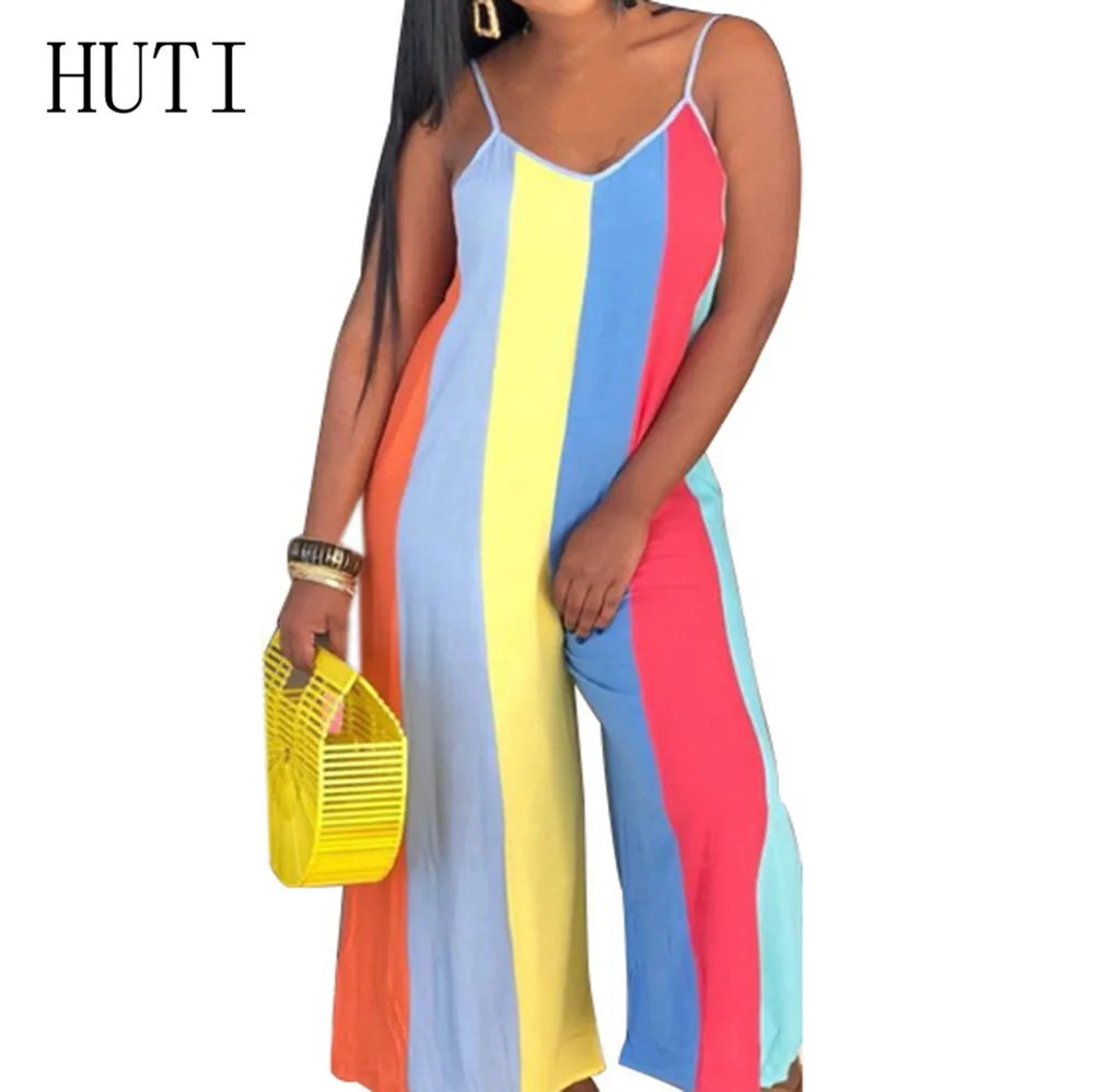 

HUTI Rompers Sexy Sleeveless Vertical Stripes Wide Leg Playsuits Women New Casual Print Loose Jumpsuits Summer Macacao Feminino