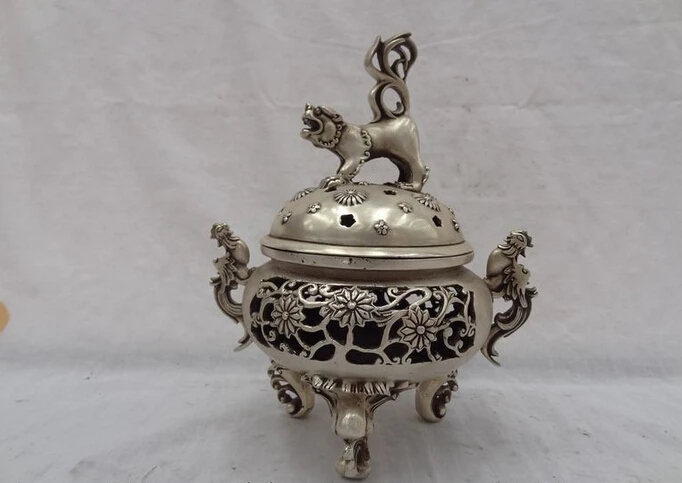 

song voge gem S2689 9" Chinese Silver Lion Lid Phoenix Statue Tibet Flower Incense Burner Censer