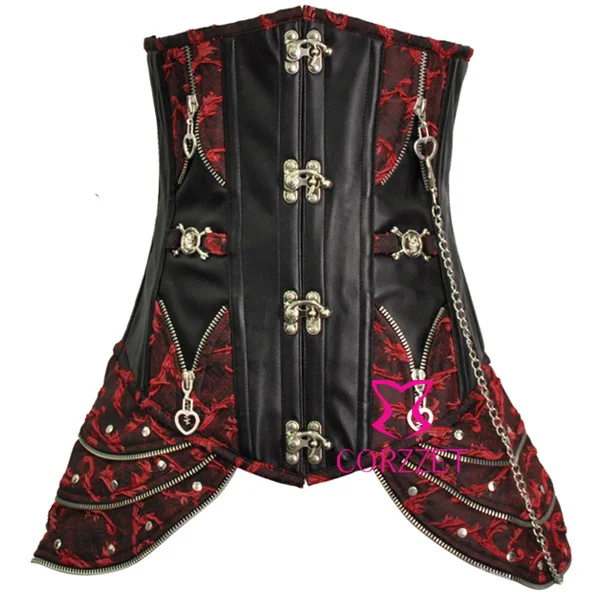 Black Mix Red Jacquard Steel Boned Burlesque Waist Trainer Suit Women Steampunk Underbust Corset&Bustier With Clasp Fasteners