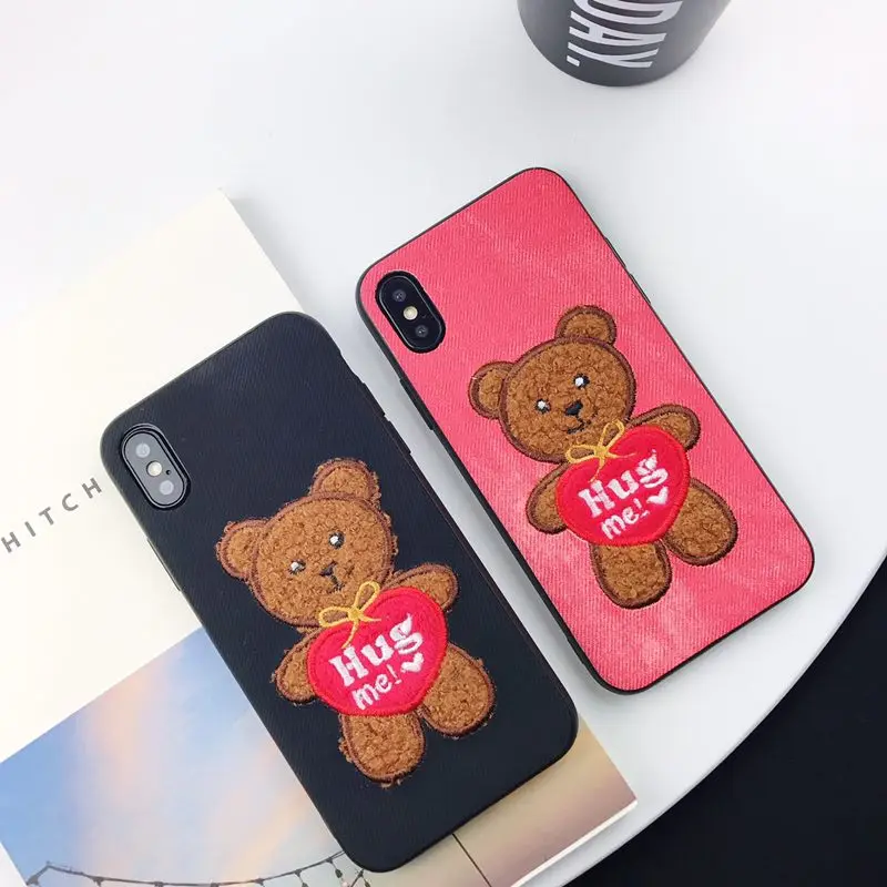 Full Cover Bear Embroidery Cases for Apple iPhone X 6 6S Beauty Pattern Phone Back 7 8 plus Coque Fundas |