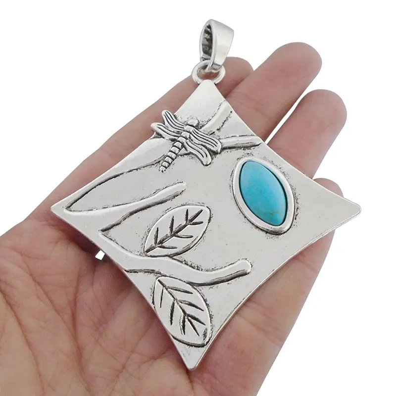 

3 x Antique Silver Tone Large Dragonfly with Faux Turquoise Stone Charms Pendants for Necklace Jewelry Making Findings 92x74mm