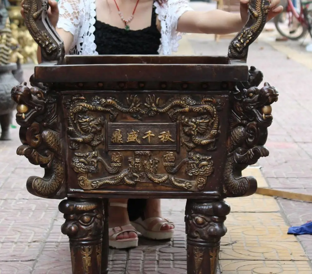 

29" Chinese Dynasty Bronze Gilt 9 Dragon Four Foot Ding Incense Burner Censer