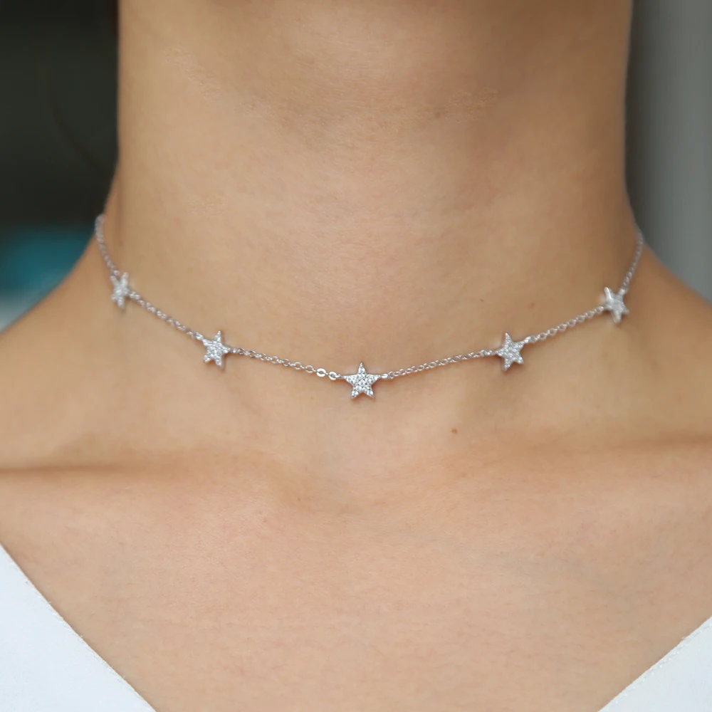 Мода сладкий звезды chocker ожерелья Тонкий звено цепи лакомство звезды boho Женщины воротник украшения Серебро 925 Леди collier femme bijoux