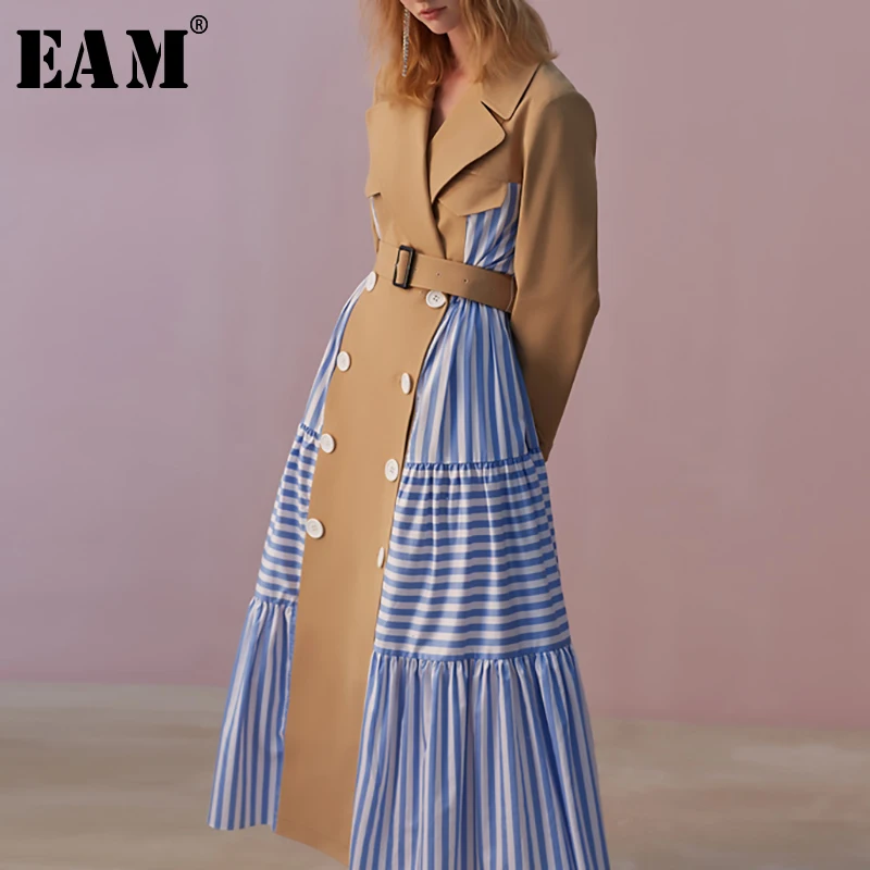

[EAM] 2020 New Spring Autumn Lapel Long Sleeve Blue Striped Split Joint Loose Personality Windbreaker Women Trench Fashion JW827