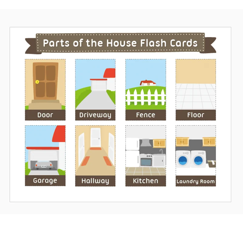 3pcs Set House English Flash Cards Early Education Kids Montessori