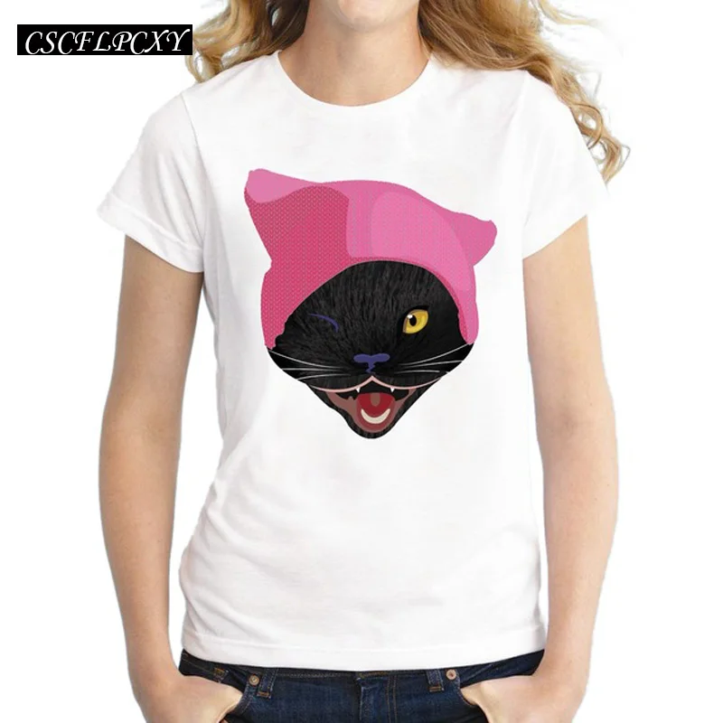 Cute cat with pussy hat Women T Shirts Fashion Pink Hat Cat Printed Lady Tops Short Sleeve O-Neck T-shirt Novelty Cool Tee | Женская
