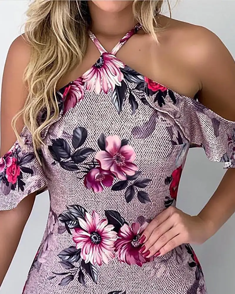 الأزهار طباعة الباردة قبالة الكتف المرأة الصيف Bodycon اللباس الإناث نحيل صالح كشكش الرسن البسيطة فساتين عارضة Vestidos
