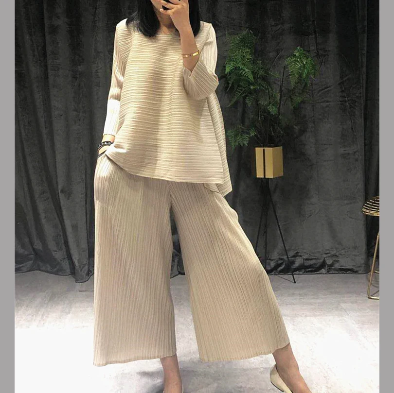 LANMREM 2020 new summer 2 pieces set pleated O-neck three quarter sleeve pullover loose T-shirt female loose wide leg pants WG95