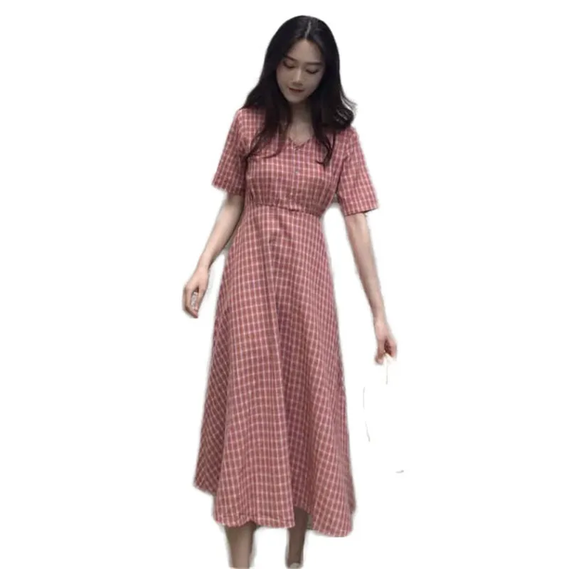 2019 Summer Women Plaid A-Line Dress Female Classic V-Neck Short Sleeve Long Dress OL Work Vintage Elegant High Waist Dress M178 2019 Summer Women Plaid A-Line Dress Female Classic V-Neck Short Sleeve Long Dress OL Work Vintage Elegant High Waist Dress M178