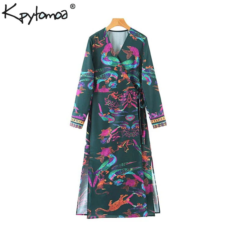 

Vintage Stylish Animal Pattern Wrap Maxi Dress Women 2019 Fashion V Neck Long Sleeve Bow Tie Sashes Side Slit Dresses Vestidos