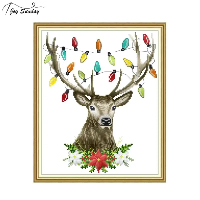 

Joy Sunday Christmas Antlers Stamped Cross Stitch Kits Aida Fabric Crossstitch Needleework 14ct Canvas Embroidery Kit DMC Thread