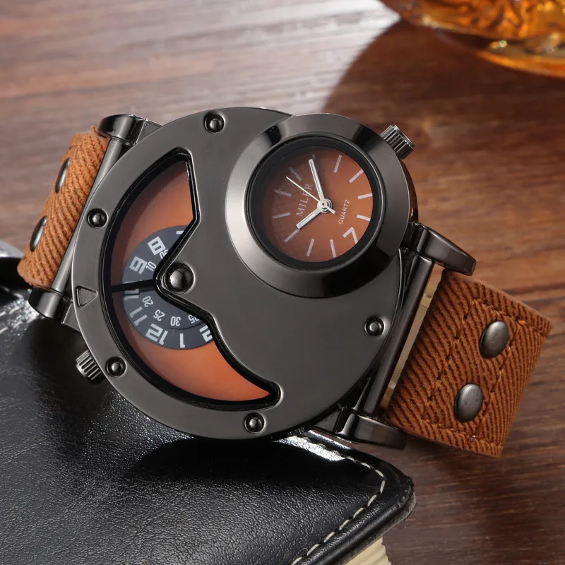 Уникальные мужские часы с большим циферблатом, 2 часовых пояса, аналоговые кварцевые наручные часы для мужчин, s кожа, спортивные военные наручные часы, Relogio Masculino