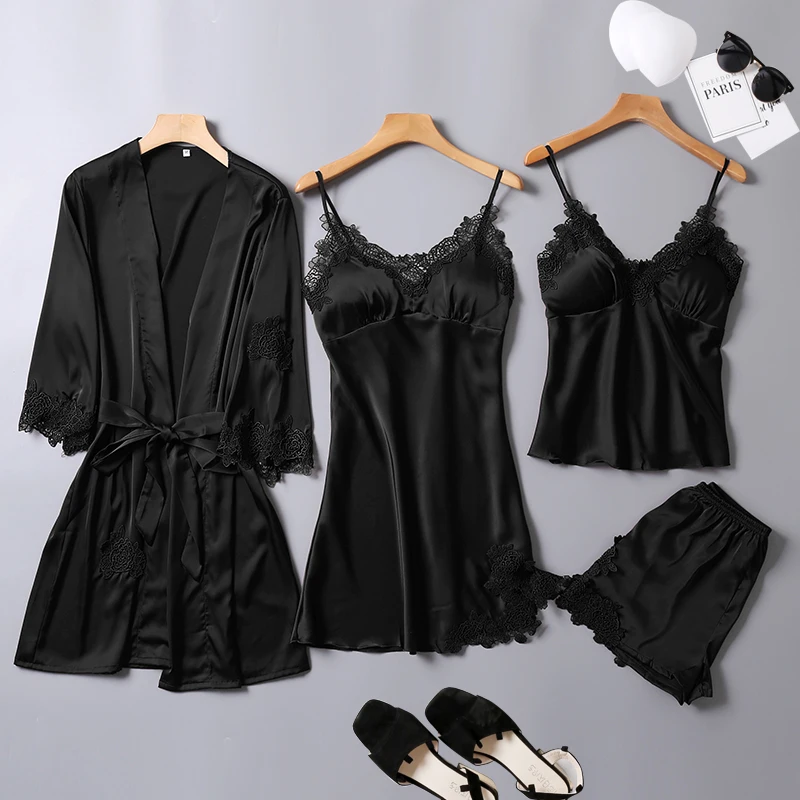 

Robe & Gown Sets sexy women's 4 piece summer pajamas for women stain silk 6 colors solid home suit home set clothing sleepwear